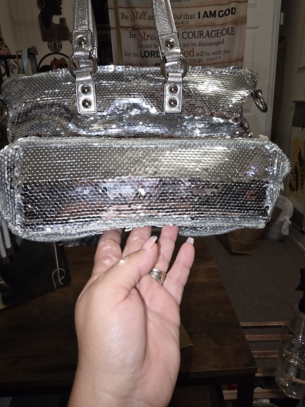Coach Poppy Silver Sequin Spotlight Tote Bag - Picture 8 of 10